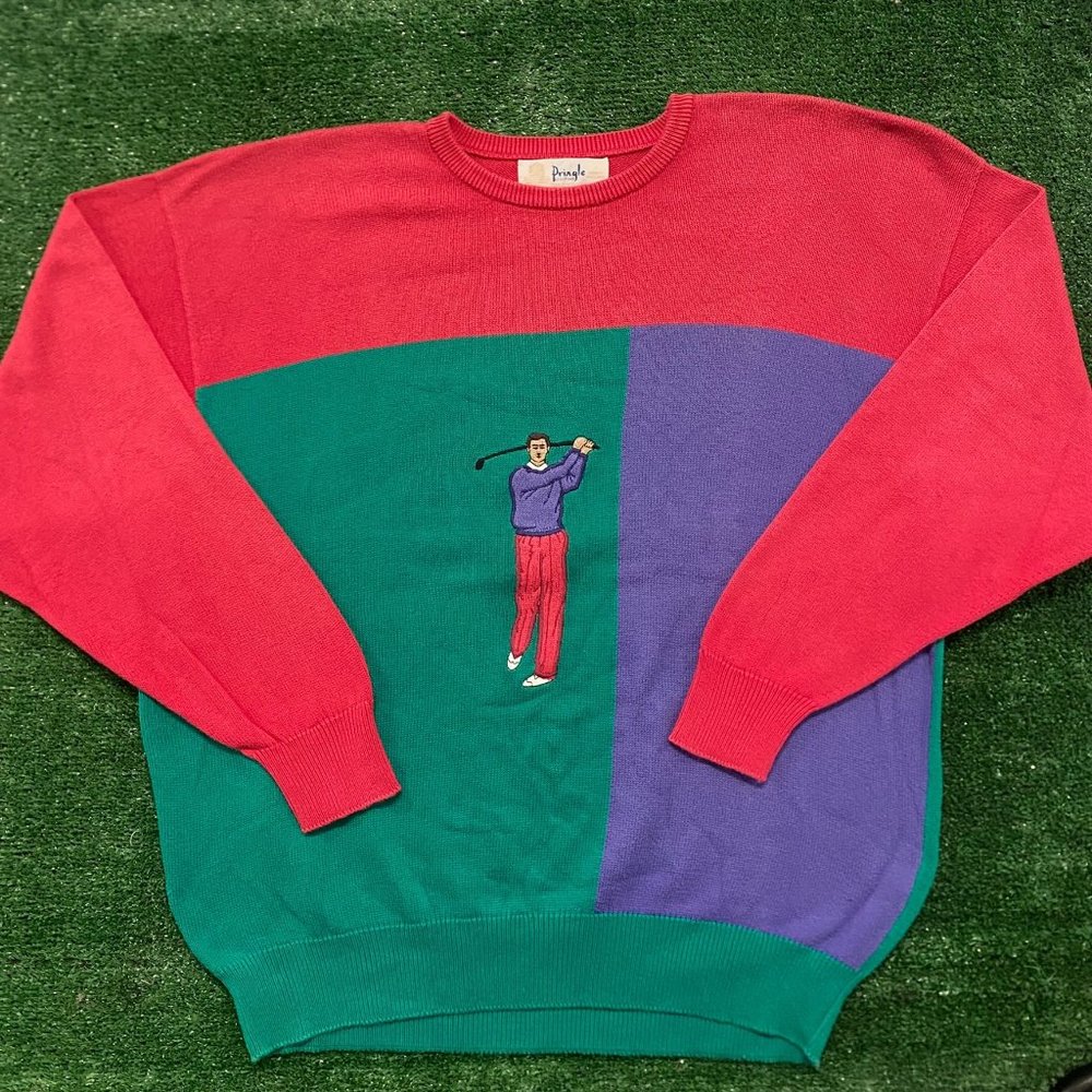 Vintage 80s Pringle Golf Color Block Crewneck Sweater Preppy Knit Colorful L